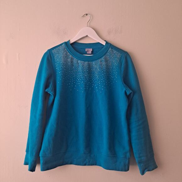 Laura Scott Rhinestone Embellished Long Sleeve Crew Sweater Teal Women's Size S - Picture 3 of 8